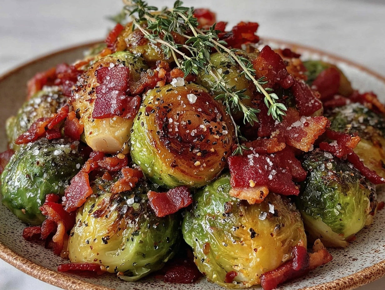 Garlic Herb Roasted Brussels Sprouts with Crispy Bacon