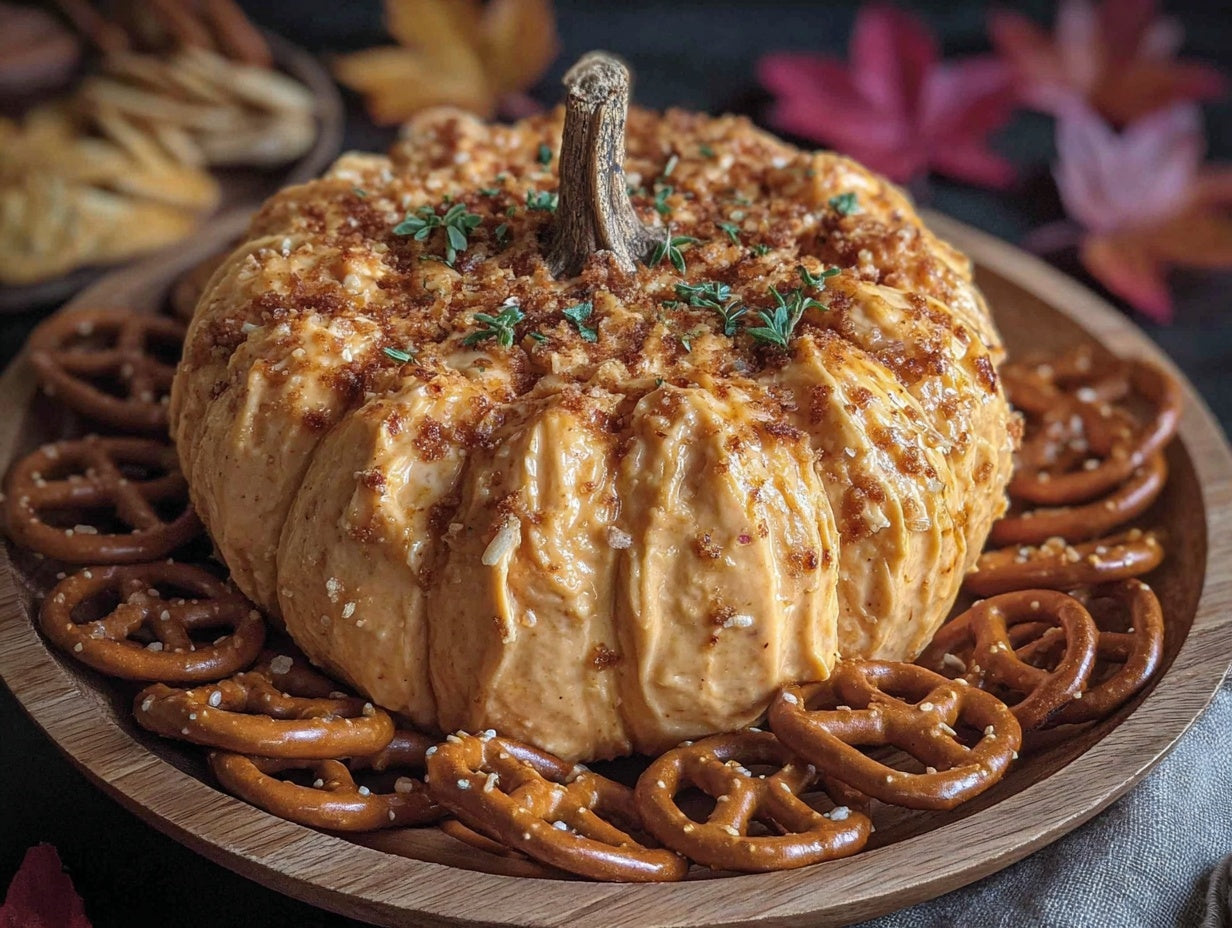 Pumpkin Shaped Cheddar Cheese Ball with Pretzel Stem