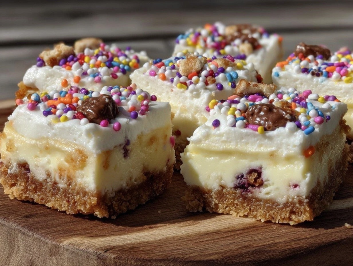 No-Bake Graduation Confetti Cheesecake Bars with Sprinkles