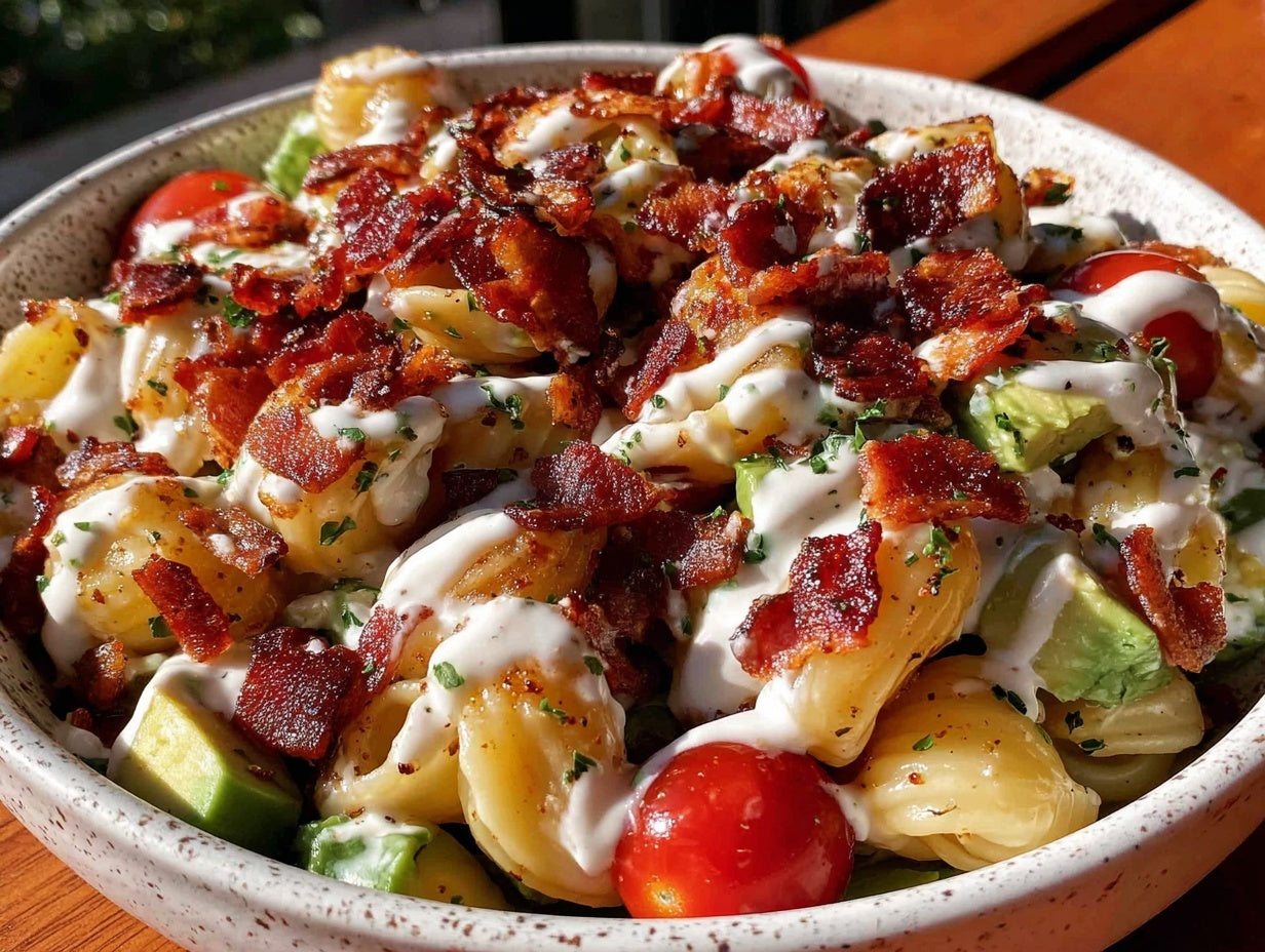 Creamy BLT Pasta Salad with Bacon, Avocado, and Ranch