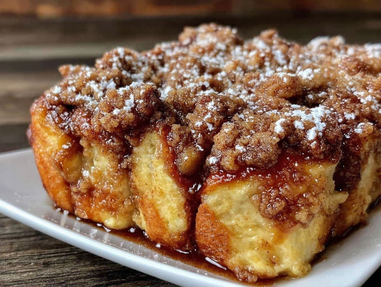 Baked Apple Cider French Toast Casserole with Crumble Topping