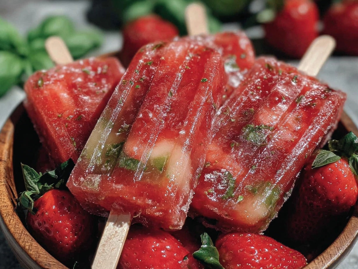Strawberry Basil Lemonade Popsicles with Fresh Berries