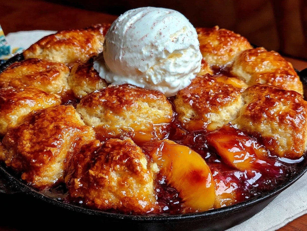 Deep Dish Cast Iron Peach Cobbler with Brown Sugar Biscuit Topping and Whipped Vanilla Cream