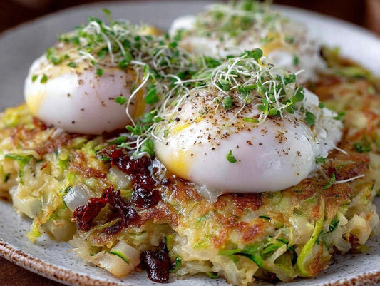Healthy Shredded Zucchini Breakfast Hash with Poached Eggs