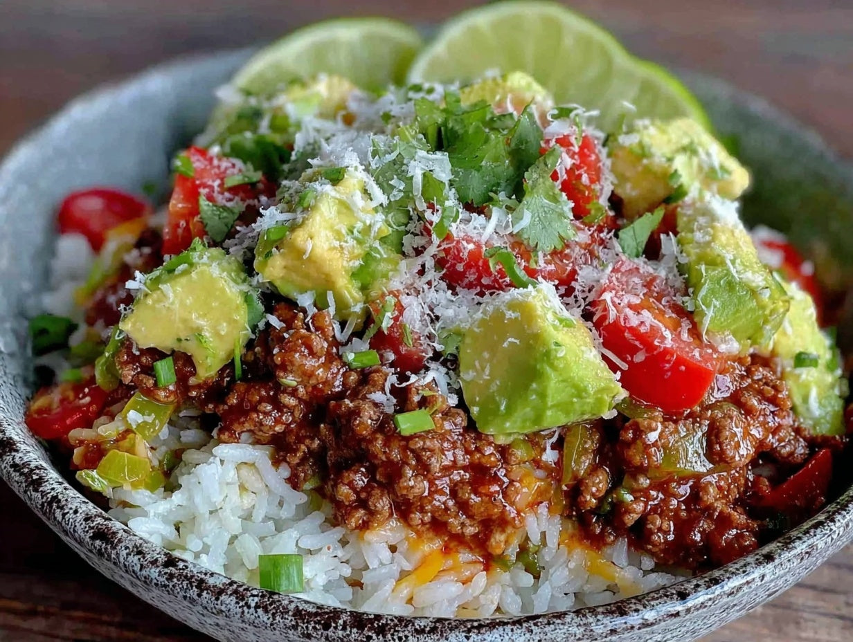 Loaded Ground Beef Taco Bowl with Cilantro Lime Rice