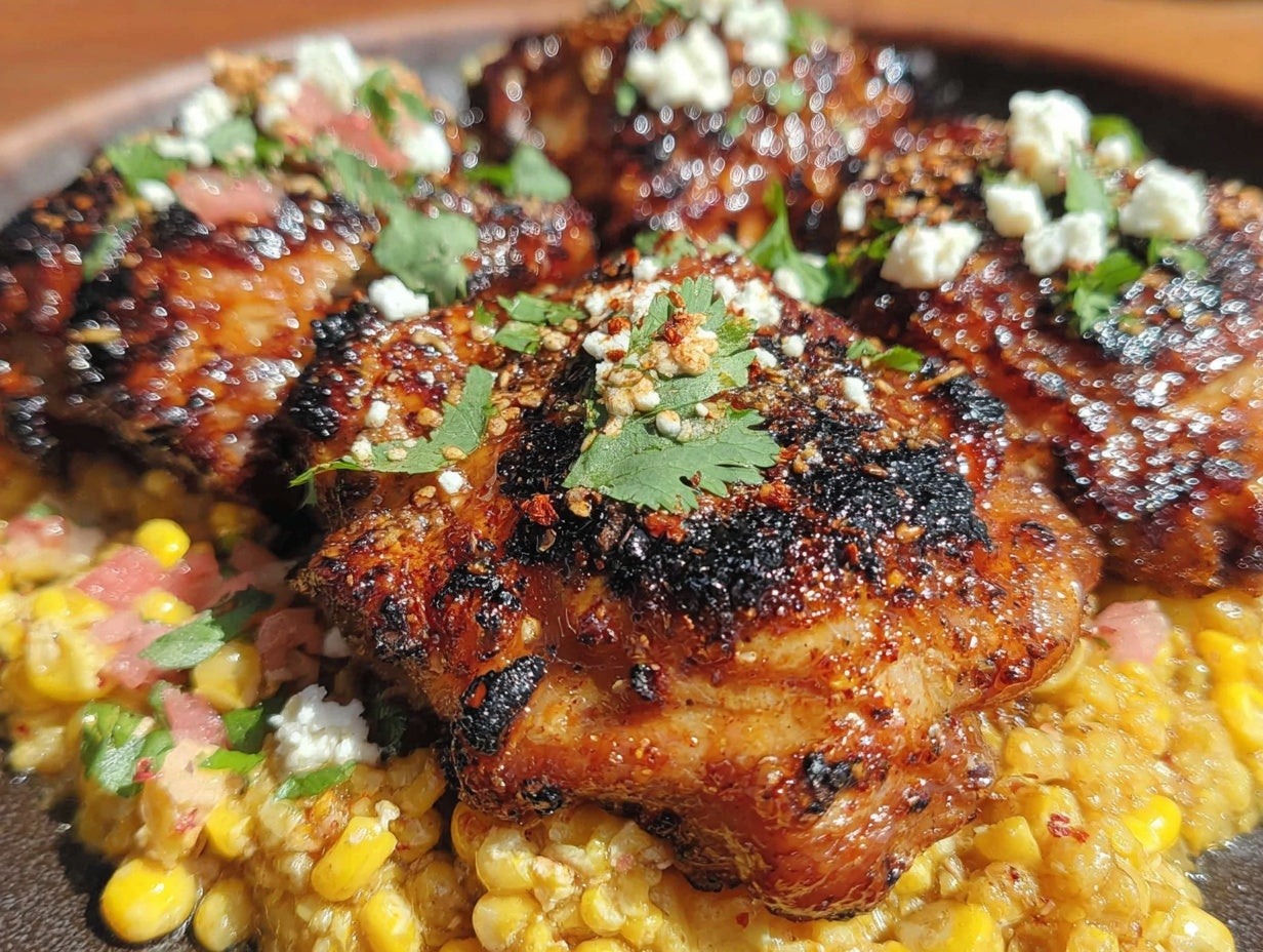 Sheet Pan Elote Chicken Thighs with Street Corn Salad