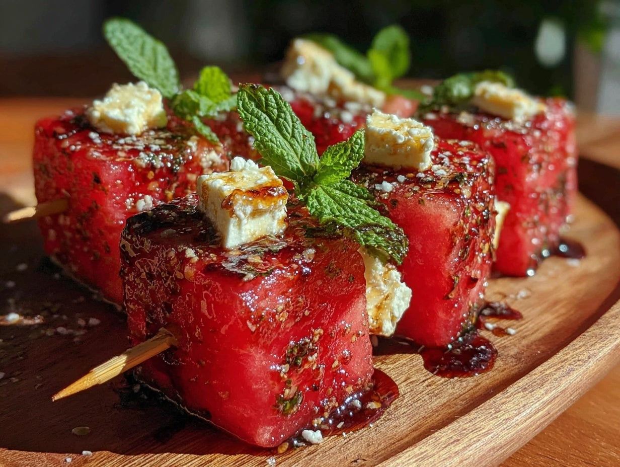 Watermelon Feta Mint Skewers with Honey Balsamic Drizzle