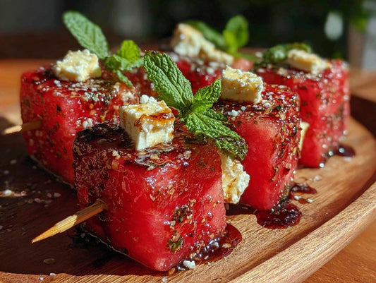 Watermelon Feta Mint Skewers with Honey Balsamic Drizzle