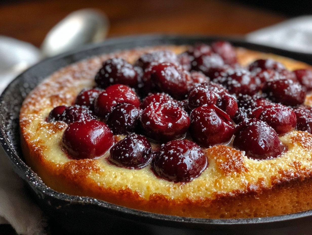 Cast Iron Fresh Cherry Clafoutis with Vanilla Bean Custard and Almond Brown Sugar Crust