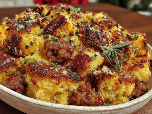 Brown Butter Sage Cornbread Stuffing with Sausage and Celery