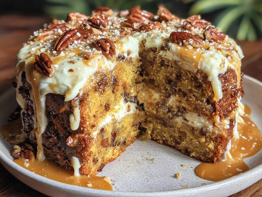 Bourbon Pecan Brown Butter Cake with Salted Caramel Cream Cheese Frosting