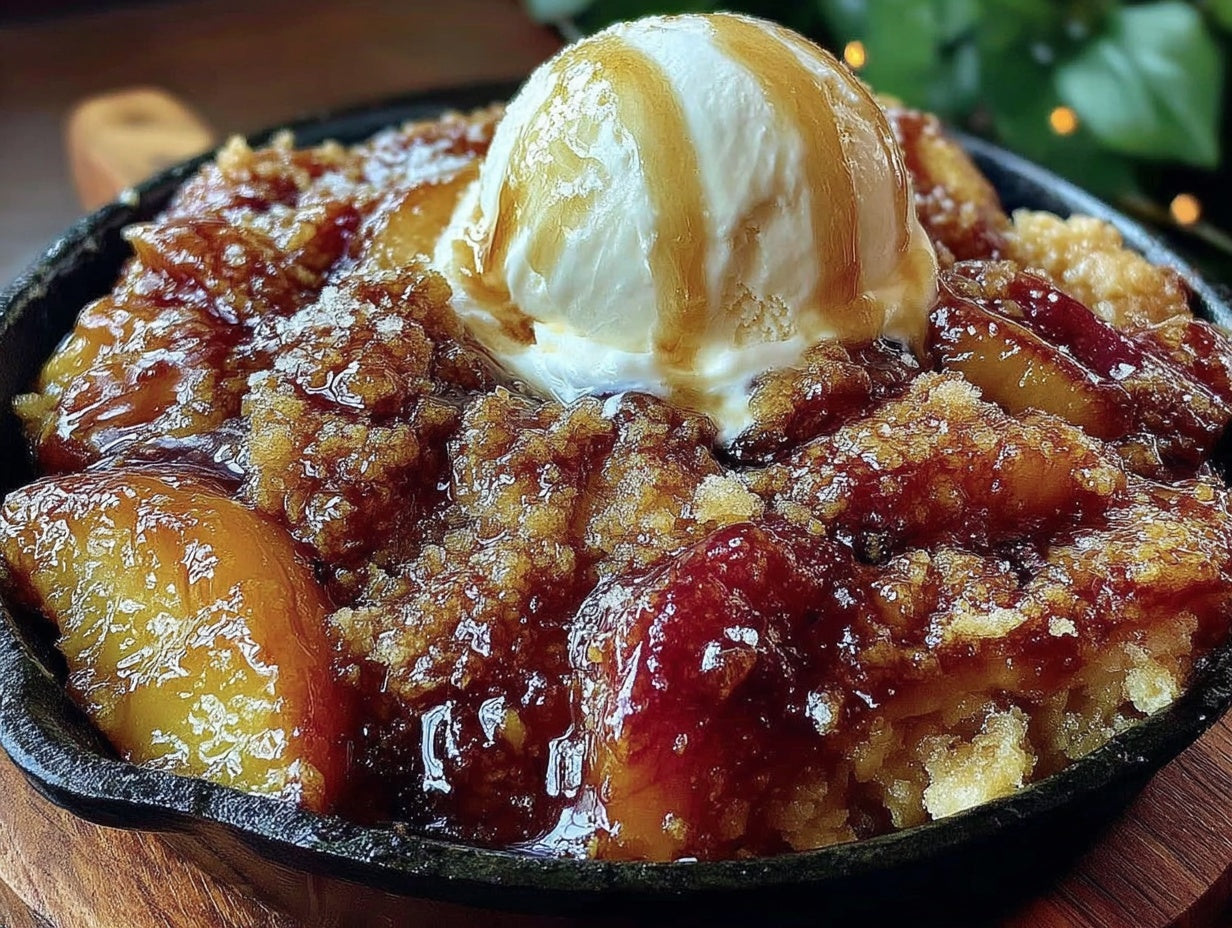 Brown Sugar Skillet Peach Cobbler with Vanilla Bean Ice Cream